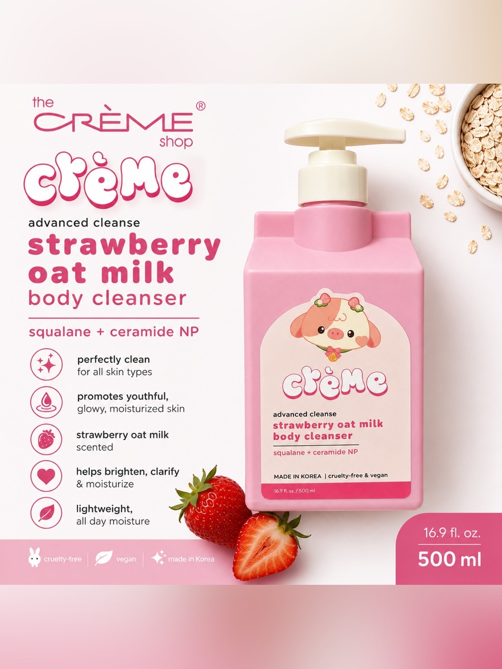 NEW The Crème Shop Strawberry Oatmilk Body Cleanser 500 mL/16.9 fl. oz.